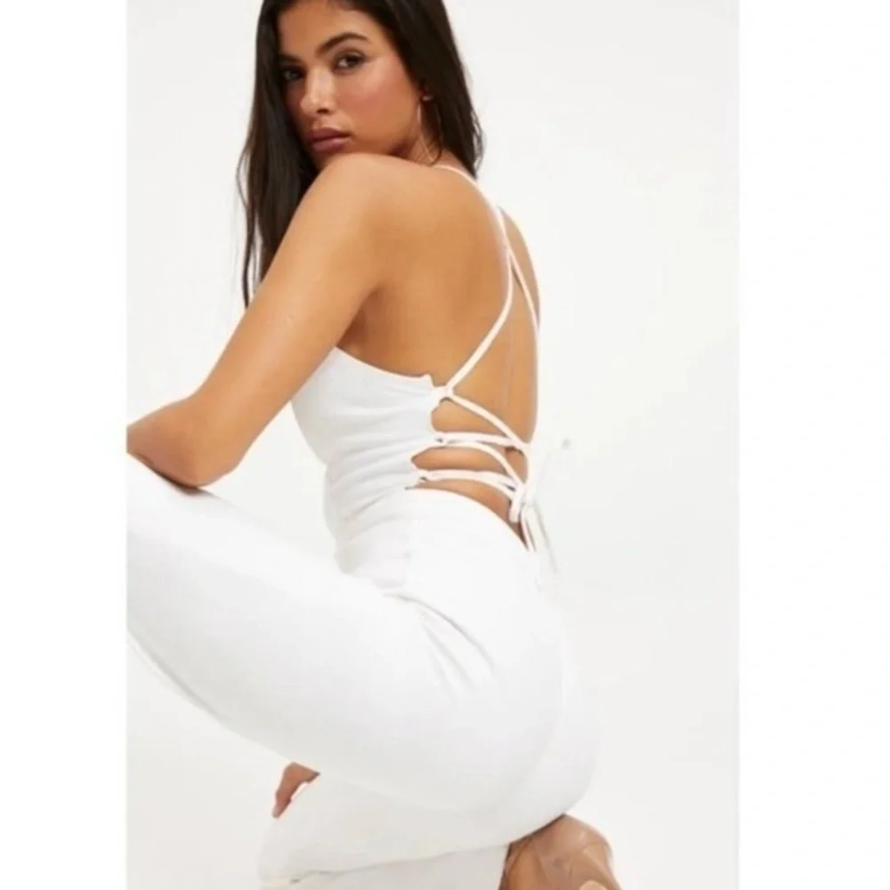 Good American Vacay Lace-Up Stretch Denim Jumpsuit in White001